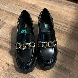 GUESS Shiny Black Loafers with Silver Chain Accent
